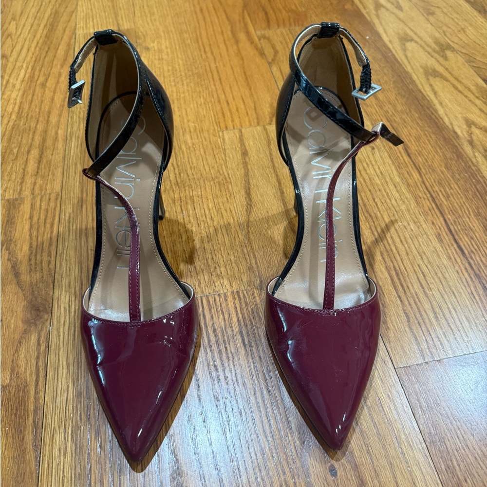 Calvin Klein Burgundy and Black T-Strap Heels Sleek Pointed-Toe Design